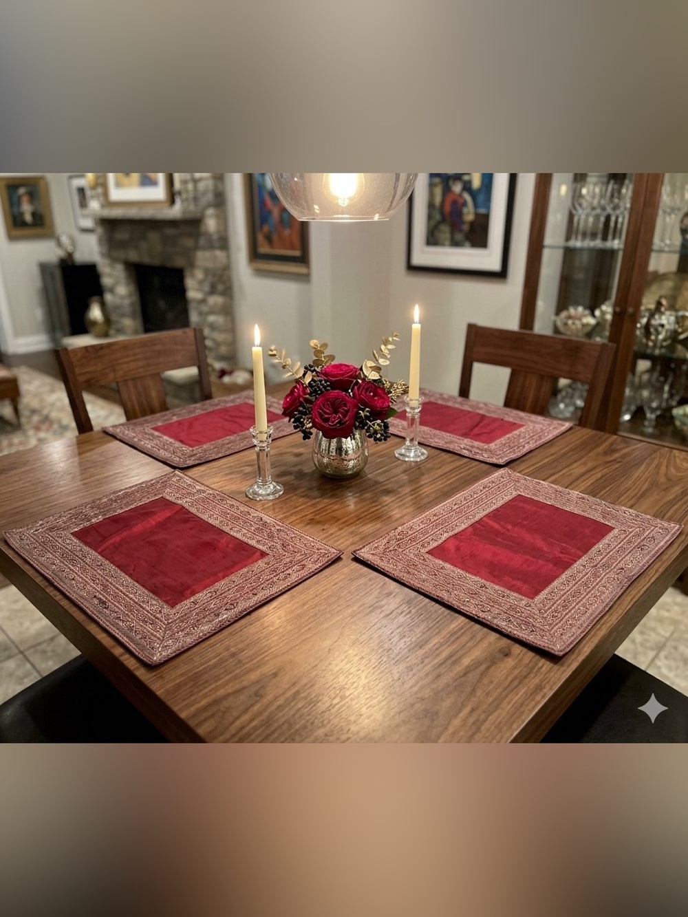 4 Crate & Barrel Renaissance Burgundy Placemats Embroidered Metallic 18x13